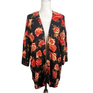 Forever 21 Black Orange Floral Rose Print Open Kimono Cardigan Top Size Large